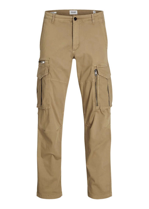 Pantalon Cargo en coton mélangé beige uni avec une coupe droite