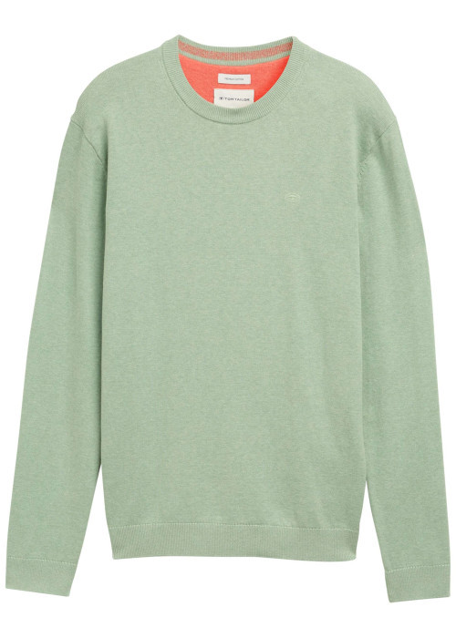 Pull en coton vert chiné avec un col rond et le logo de la marque brodé