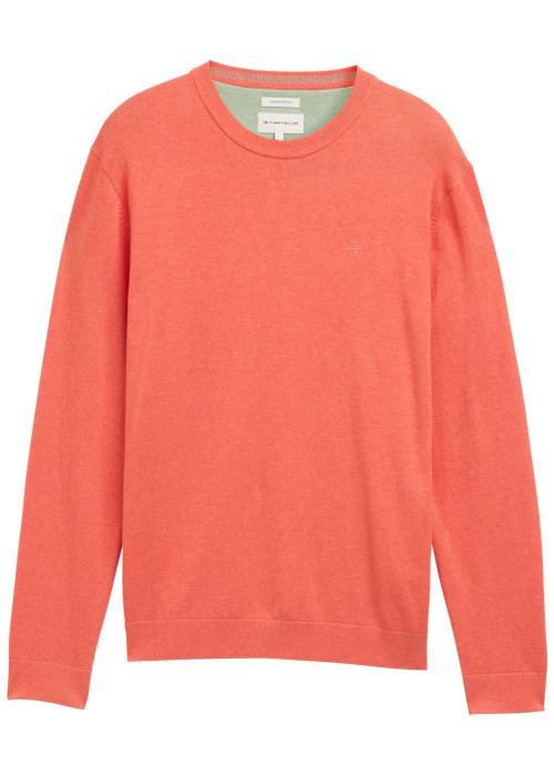 Pull en coton corail chiné avec un col rond et le logo de la marque brodé