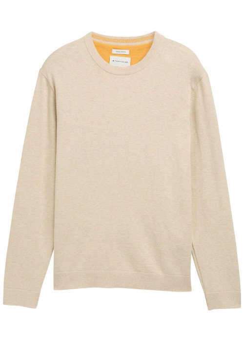 Pull en coton écru chiné avec un col rond et le logo de la marque brodé