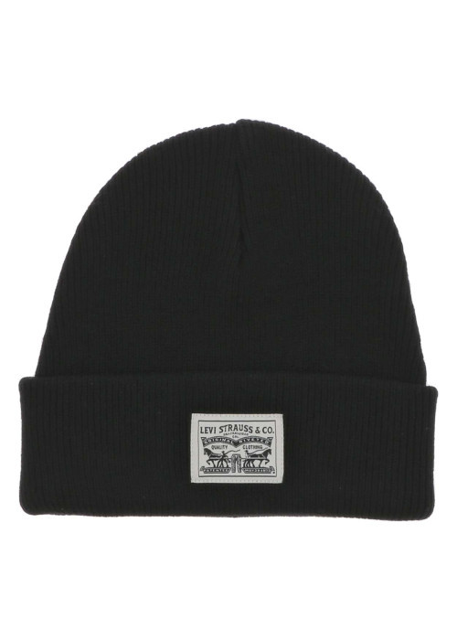 Bonnet en coton noir uni avec marque sur le revers maille en tricot simple