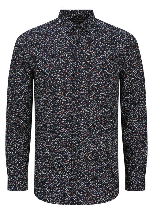 Chemise en coton marine à motif floral avec un col français et une coupe slim