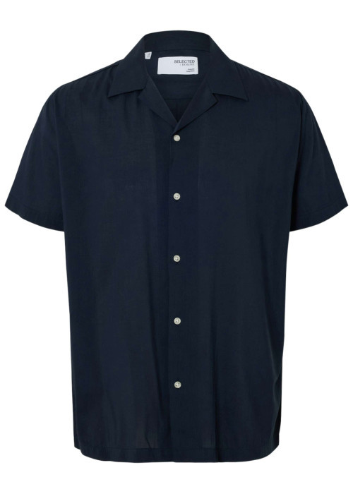 Chemise hawaïenne bleue marine unie à coupe droite avec un col ouvert à revers