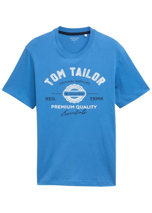 T-shirt en coton bleu à col rond avec un gros imprimé à l'avant