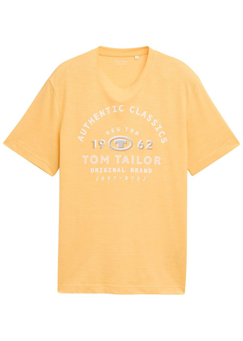 T-shirt en coton orange à fines rayures avec un col rond et un gros imprimé
