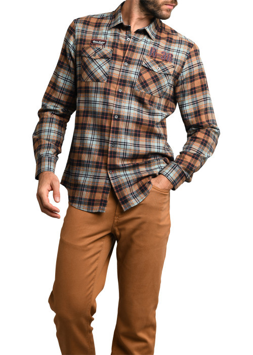 Chemise Delahaye avec manches longues et col français rouille à carreaux