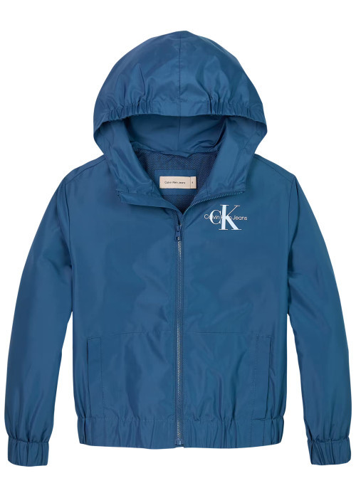 Coupe-vent à capuche zippé bleu uni avec une coupe droite et le logo imprimé