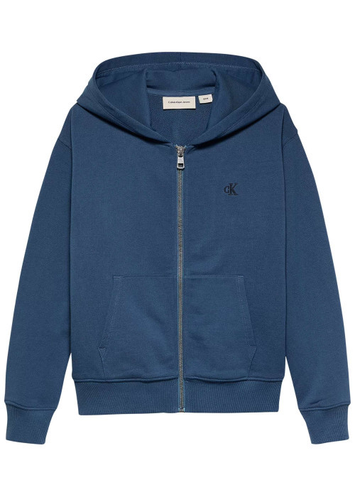 Sweat à capuche zippé en coton bleu uni avec le logo au dos et à la poitrine
