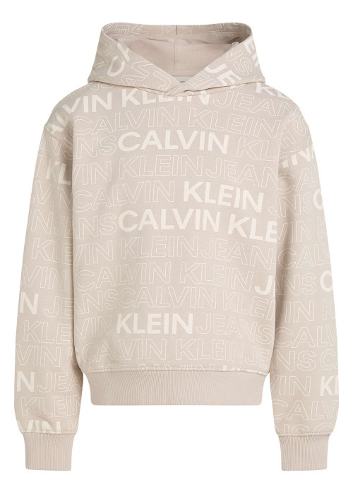 Sweat à capuche en coton beige avec un imprimé all-over et une coupe droite