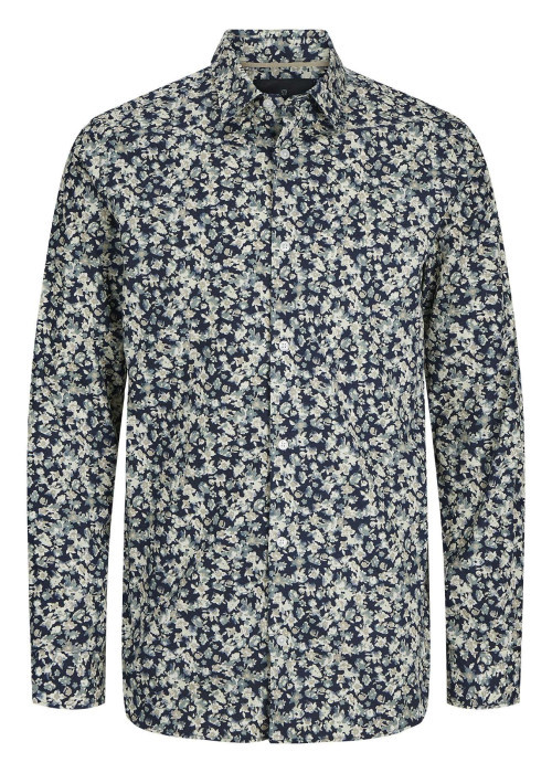 Chemise en coton beige à motifs liberty avec une coupe droite et col français