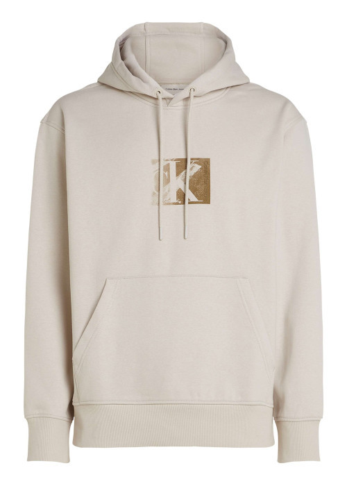 Sweat à capuche en coton écru uni avec une coupe droite et une grande poche