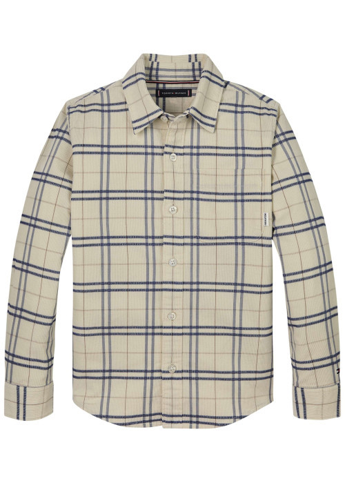 Chemise beige à carreaux en coton avec une coupe droite et un col français