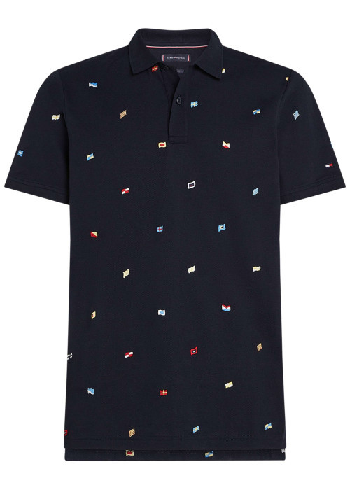 Polo noir uni en coton à coupe droite à col français et fermeture boutonnée