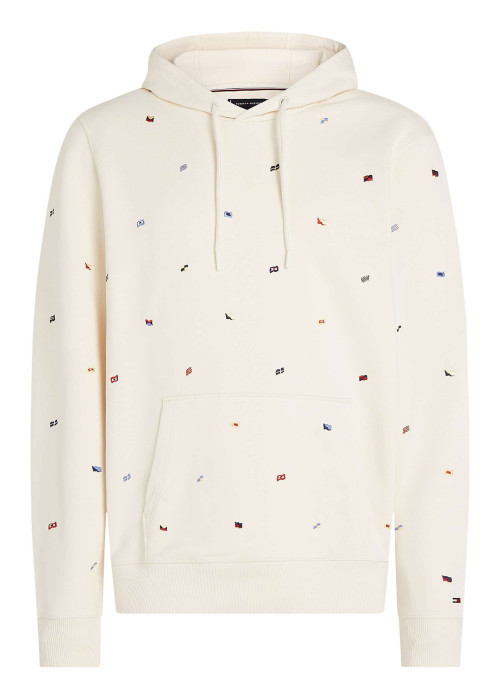 Sweat à capuche écru uni en coton avec des drapeaux et une poche kangourou