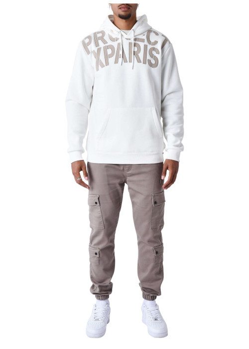 Sweat blanc imprimé à coupe ample avec nom de la marque taupe et col à capuche