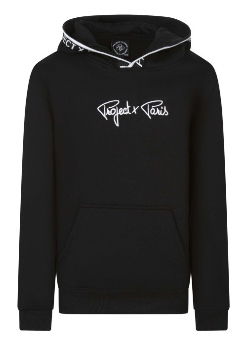 Sweat noir col à capuche avec liseret sur la capuche et marque sur la poitrine