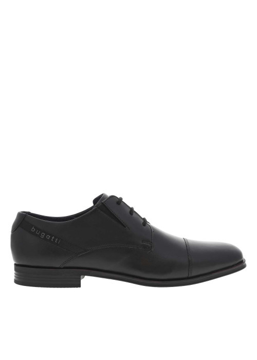 Derbies en cuir noires à semelle noire à talon plat et à lacets ronds enduits