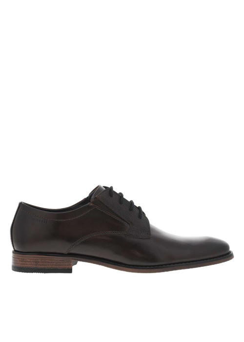 Derbies en cuir café à talon plat et à lacets ronds enduits avec claque unie