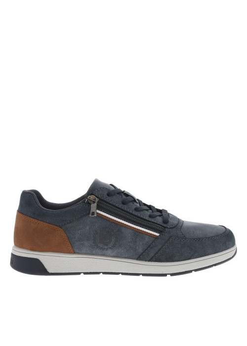 Sneakers en croûte de cuir bleues à talon plat et à lacets plats et zip latéral