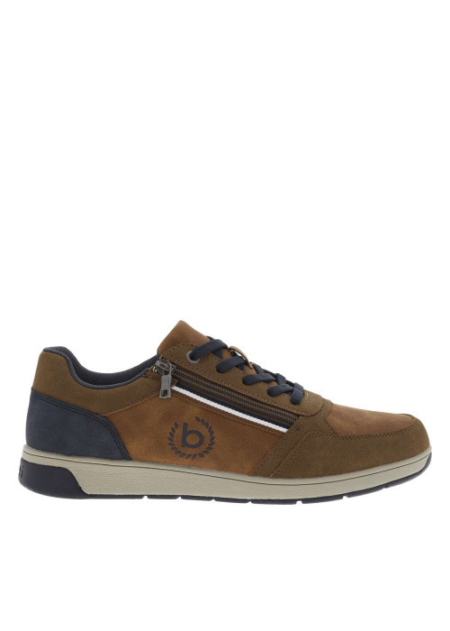 Sneakers en croûte de cuir cognac plates à lacets plats avec contrefort marine
