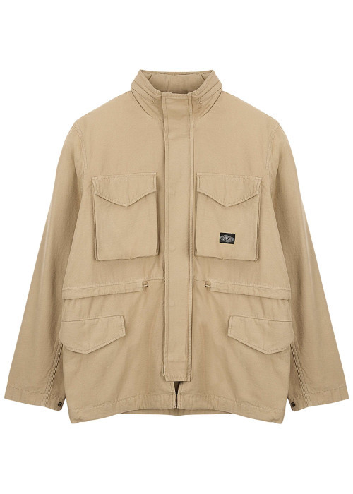 Blouson en coton beige uni à coupe ample avec un col montant