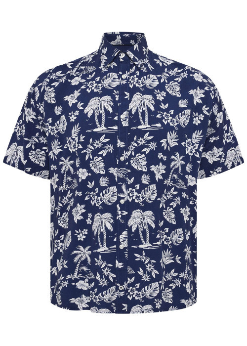 Chemise bleue marine à motif tropical avec une coupe regular fit