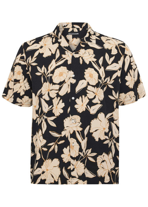 Chemise noire fleurie à coupe regular fit avec des manches courtes