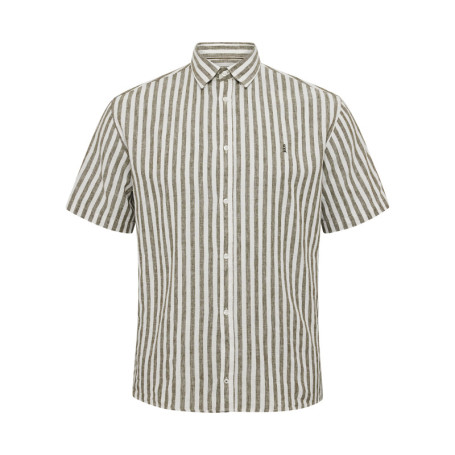 Chemise en coton et lin mélangé kaki rayée avec...