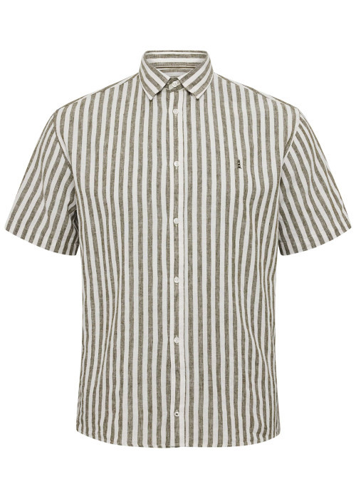 Chemise en coton et lin mélangé kaki rayée avec une coupe regular fit
