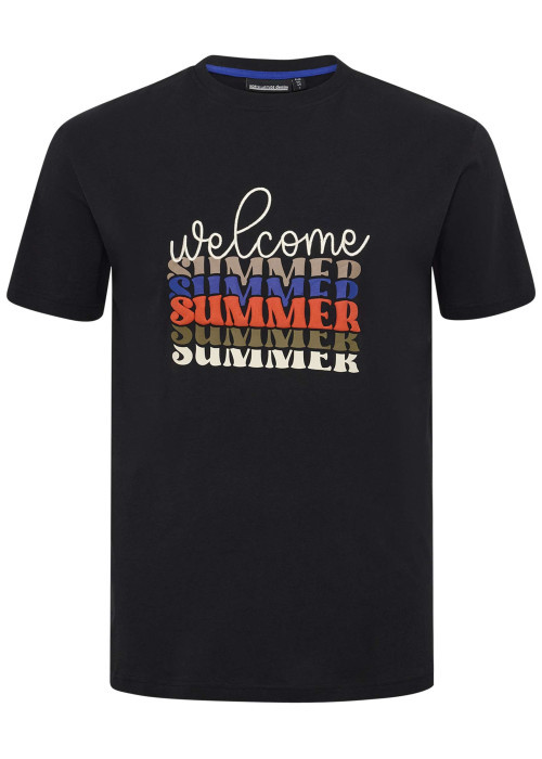 T-shirt en coton noir avec des écritures imprimées à l'avant et un col rond