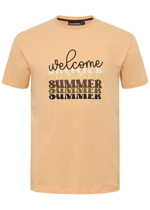 T-shirt en coton pêche avec des écritures imprimées à l'avant et un col rond