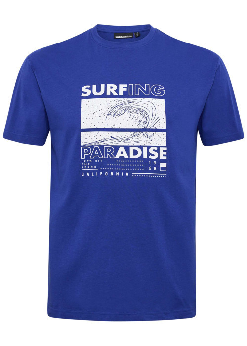 T-shirt en coton bleu avec un imprimé à l'avant et une coupe droite
