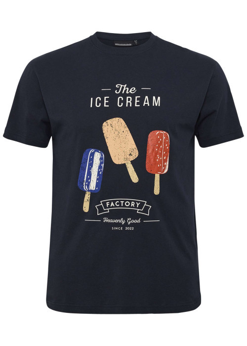 T-shirt en coton bleu marine imprimé sur le devant avec un col rond
