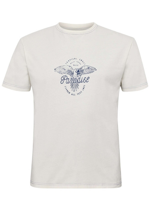 T-shirt en coton blanc imprimé à la poitrine à coupe droite et à col rond