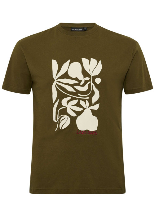 T-shirt en coton kaki avec des graphismes imprimés à l'avant et un col rond
