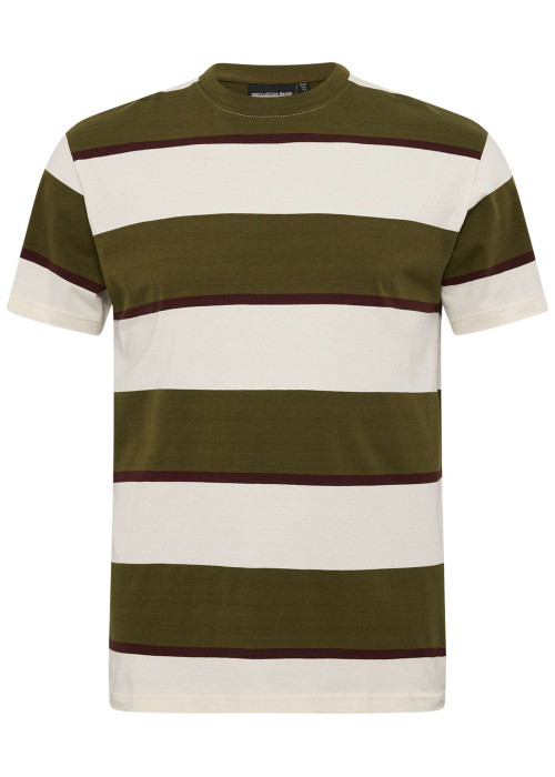 T-shirt en coton kaki avec des rayures larges horizontales et un col rond