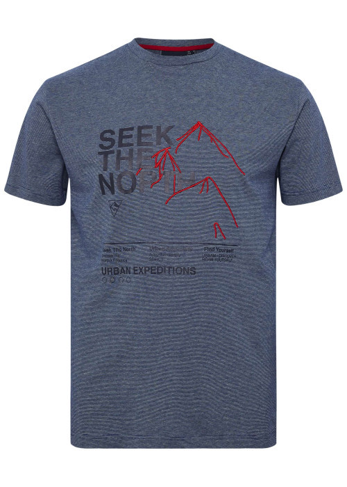T-shirt en coton bleu chiné et imprimé à l'avant avec un col rond