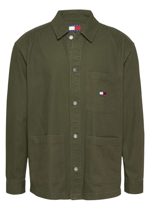 Chemise en coton régénératif kaki unie à coupe droite et col français