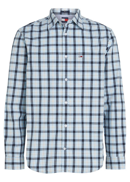 Chemise en coton régénératif ciel à carreaux et coupe droite avec col français