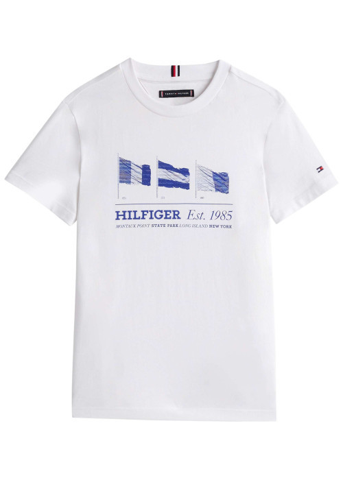 T-shirt en coton régénératif blanc à imprimé drapeau, coupe droite et col rond