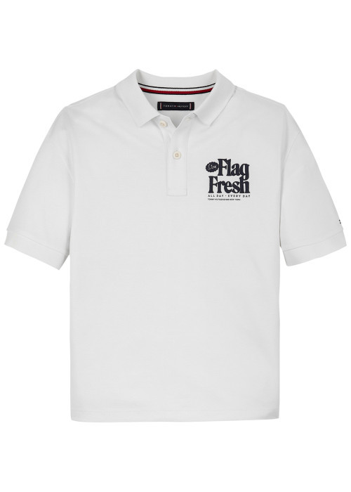 Polo en coton régénératif blanc imprimé au dos,...