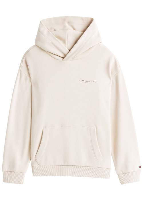 Sweat en coton régénératif mélangé beige uni droit à capuche et poche kangourou