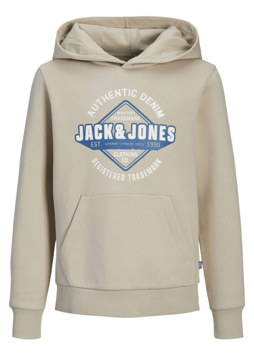 Sweat en coton beige à coupe ample avec imprimé bleu et blanc et col à capuche