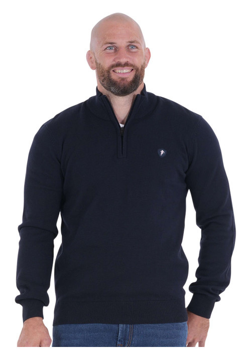 Sweat zippé en coton mélangé marine uni avec une coupe droite