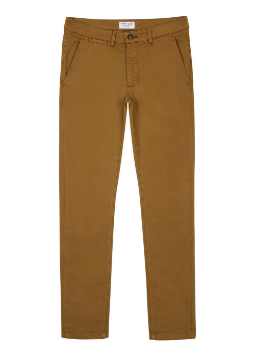 Chino en coton mélangé camel uni avec une coupe droite et des passants