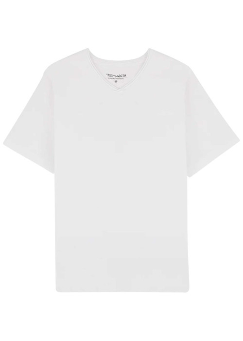 T-shirt en coton blanc uni avec une coupe droite et un col v