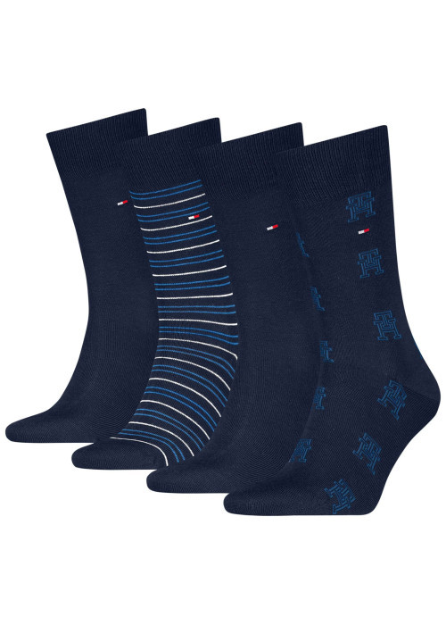 Lot de 4 paires de chaussettes hautes en coton mélangé marine à motifs