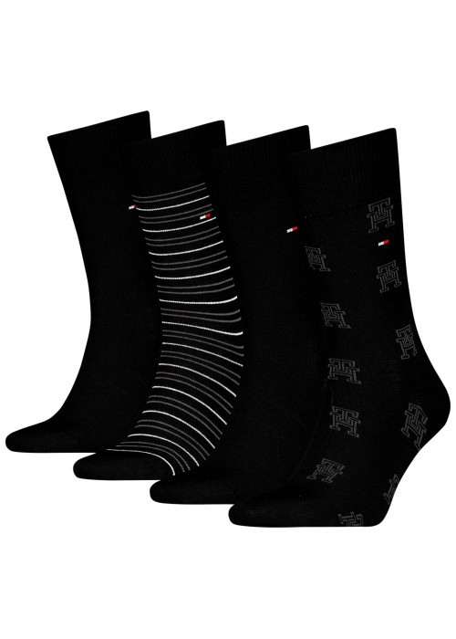 Lot de 4 paires de chaussettes hautes en coton mélangé noires rayées