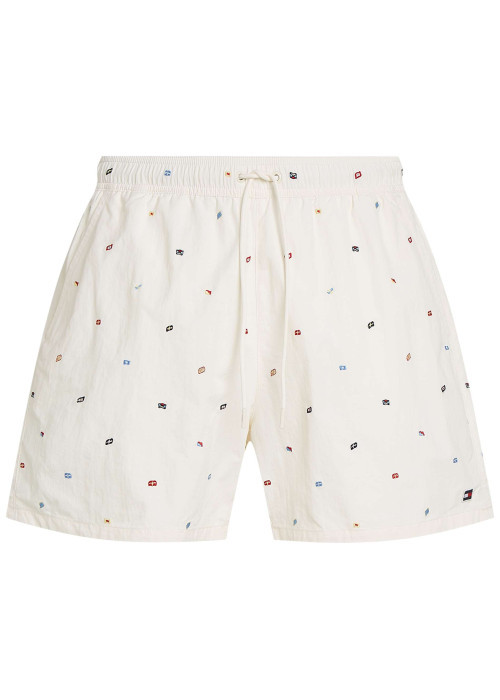 Short de bain écru brodé de drapeaux all-over et taille élastiquée