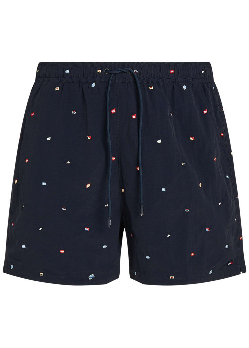 Short de bain marine avec drapeaux brodés all-over et taille élastiquée